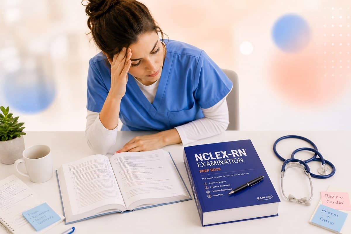 A nursing student revising with NCLEX preparation books